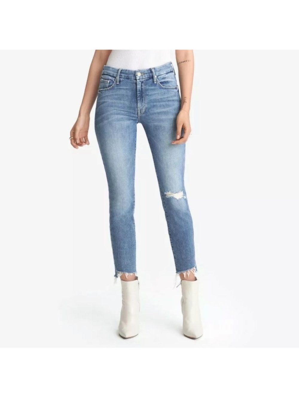 Mother denim the looked ankle step fray in exposed secret sister